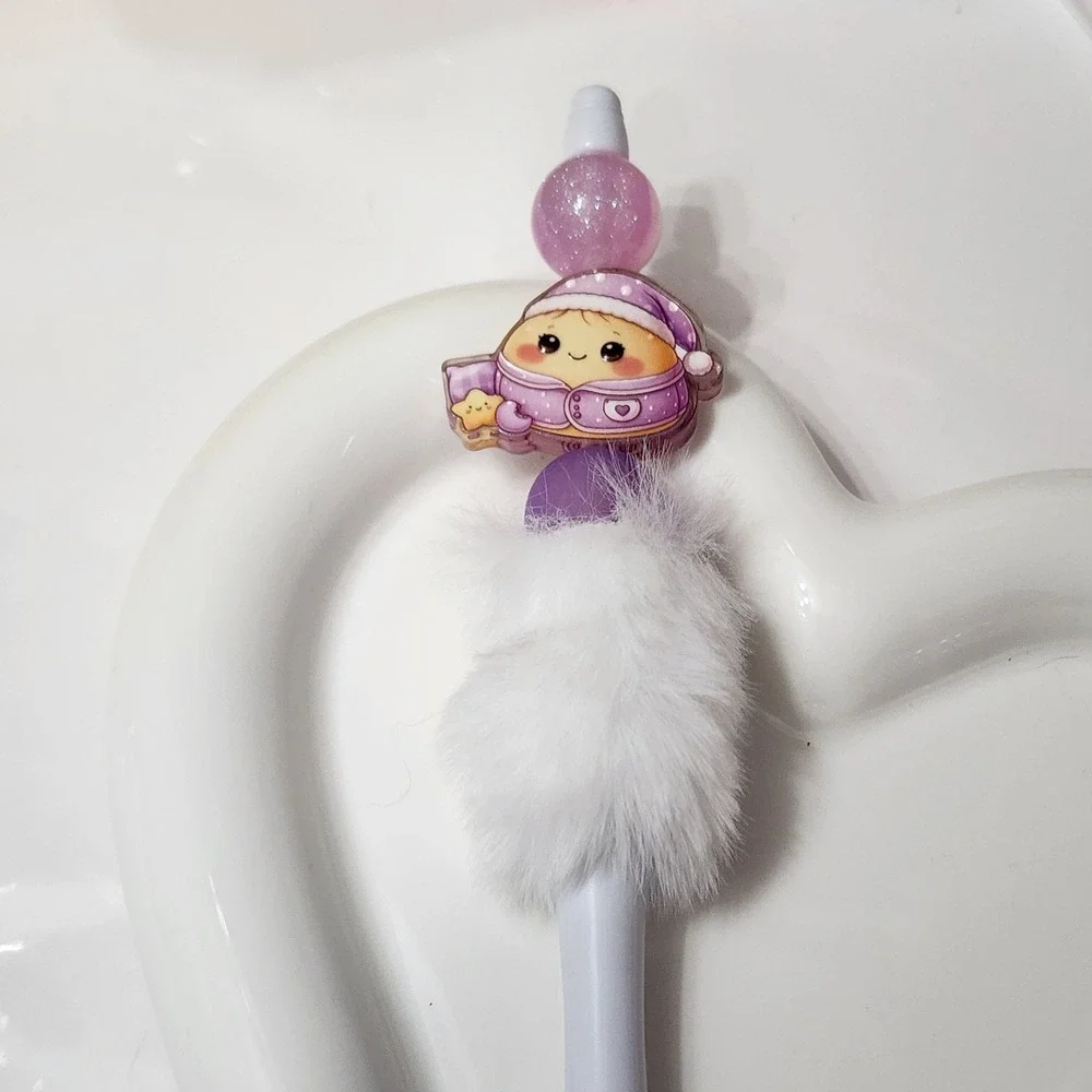 Dumpling Fluffy Pompom Beaded Pen Purple White Kawaii Stationery Cute Gift